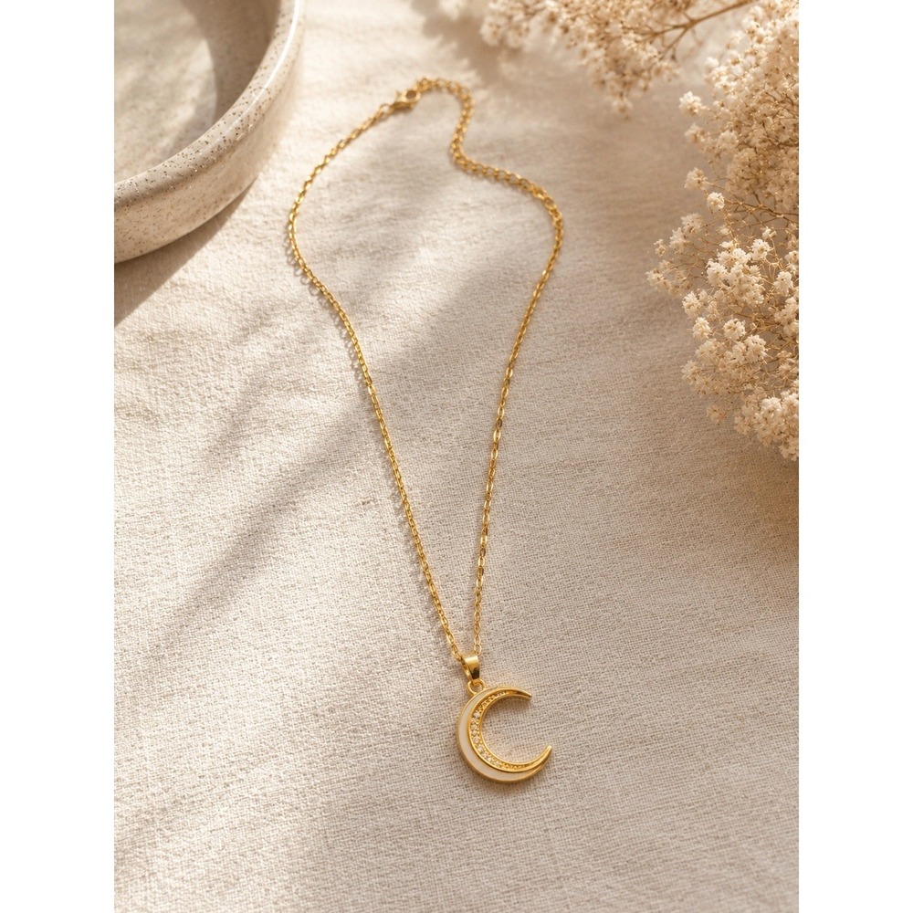 Gold Crescent Moon Necklace Stainless Steel Hypoallergenic‎ Waterproof Celestial